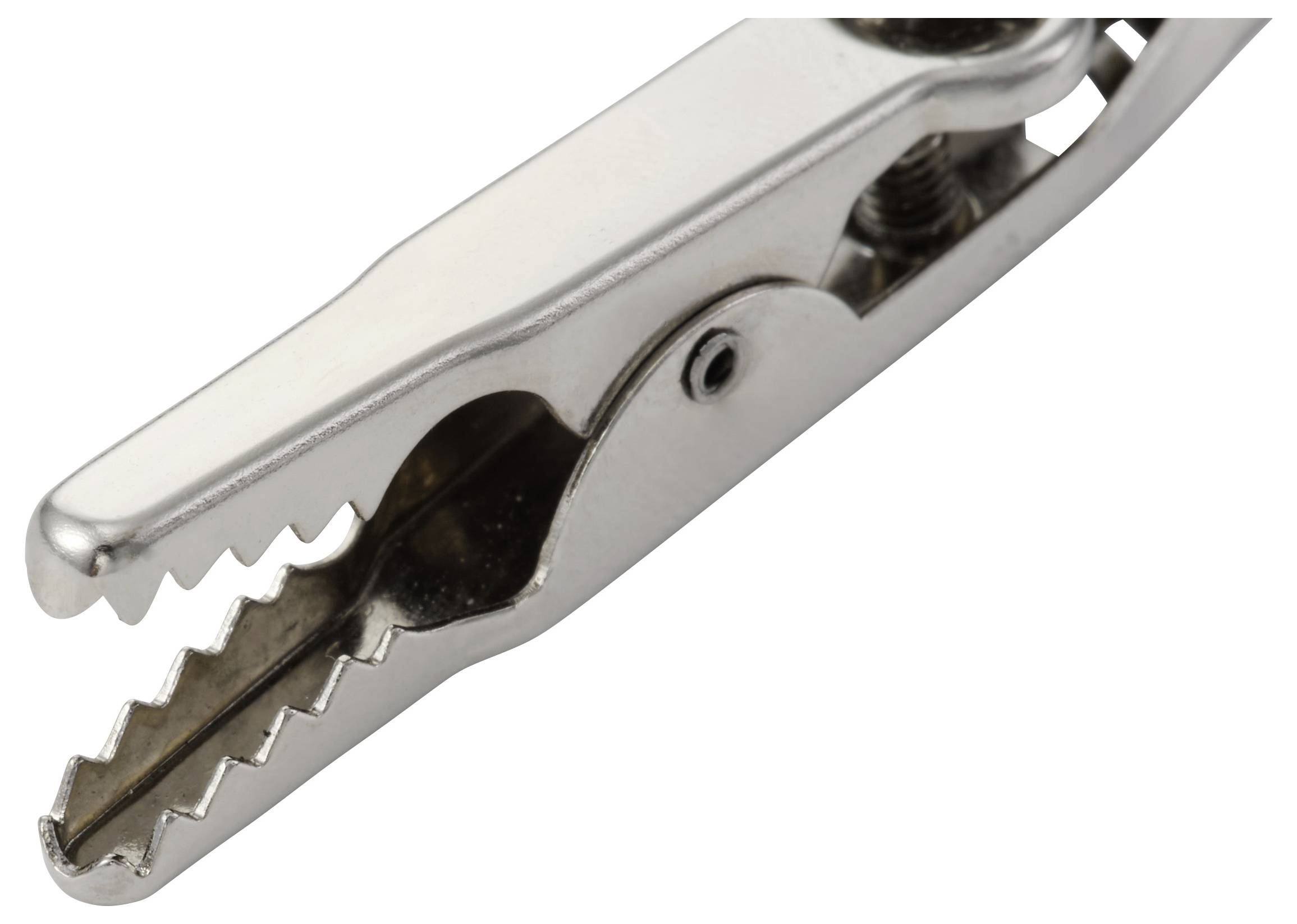 Een close-up van een metalen alligatorclip met getande kaken, doorgaans gebruikt voor elektrische verbindingen.