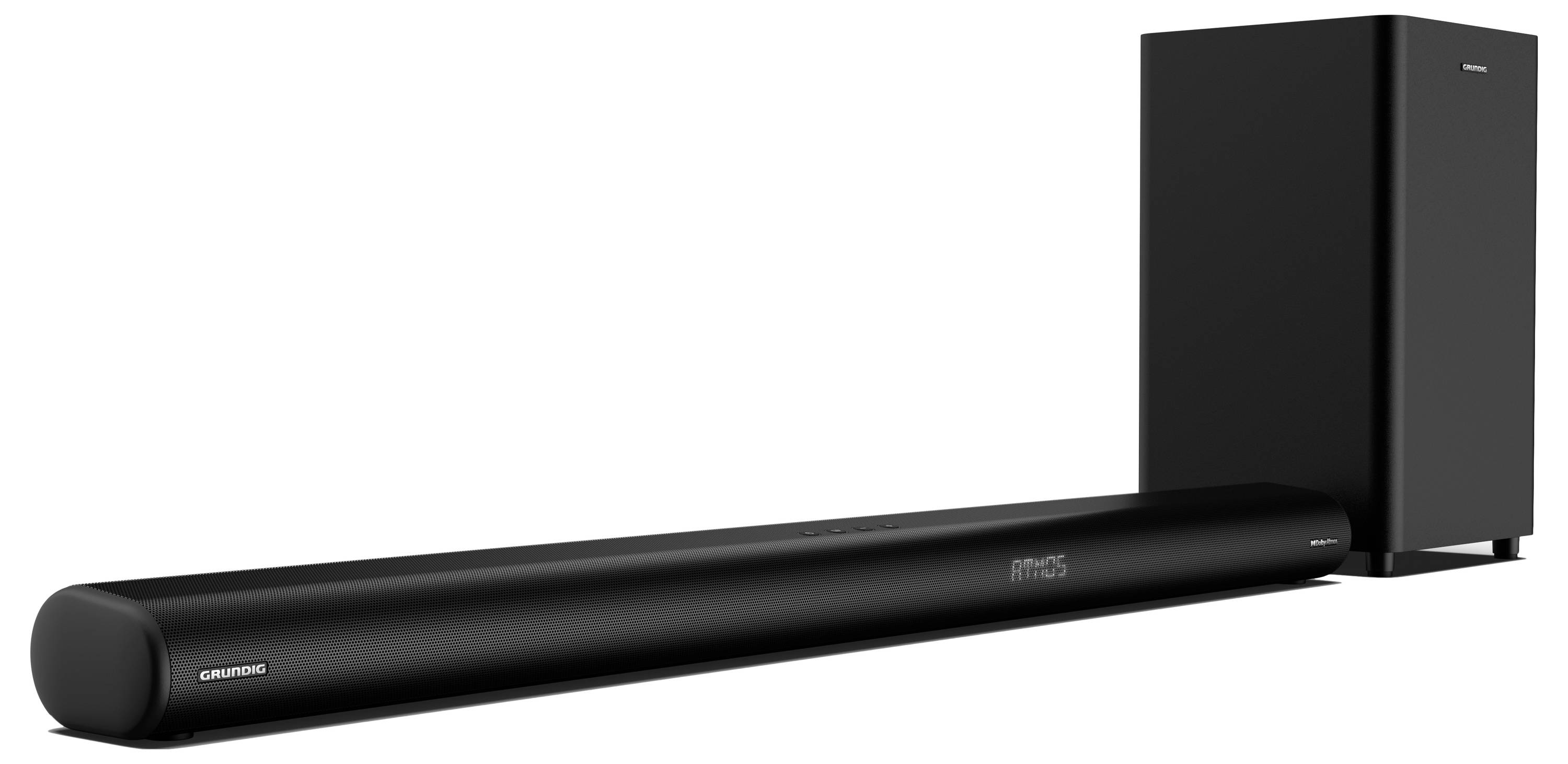 Zwarte soundbar en subwoofer, strak en modern design, naast elkaar gepositioneerd op een witte achtergrond.