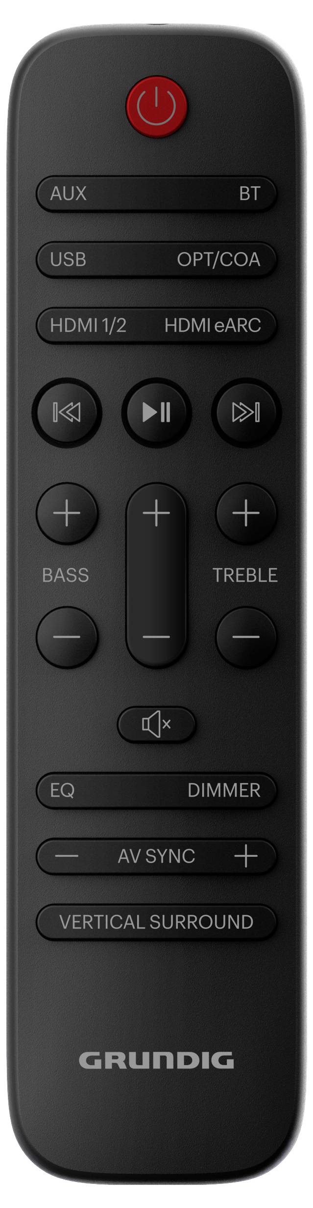 Een zwarte afstandsbediening met knoppen voor aan/uit, volume, bas, hoge tonen, HDMI, AUX, USB, optische ingang, afspelen/pauzeren en standen zoals equalizer en surround.