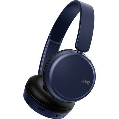 Blauwe JVC draadloze koptelefoon met gedempt oorkussen en verstelbare hoofdband, gefotografeerd vanuit een zijhoek op een witte achtergrond.