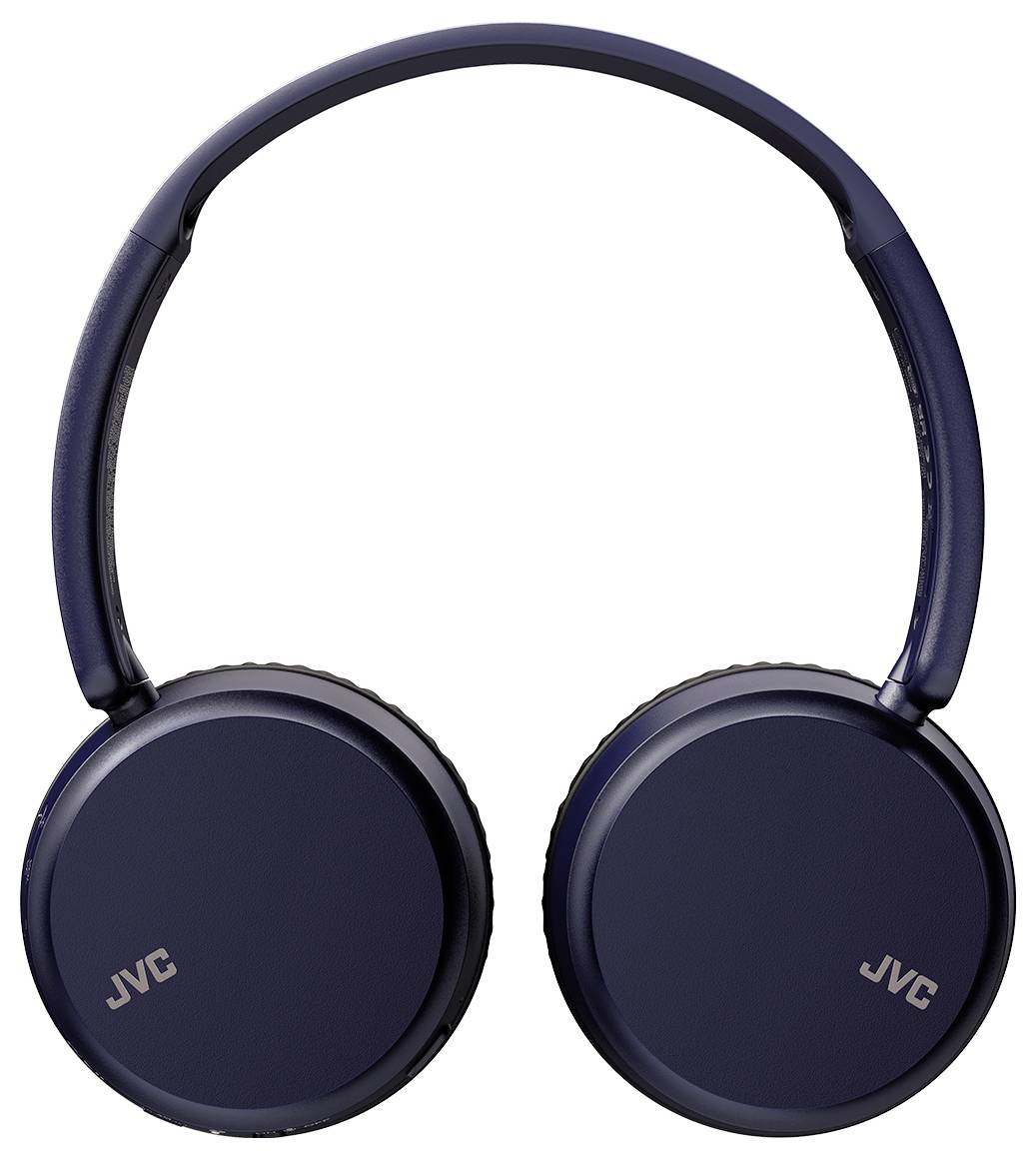 Marine blauwe JVC over-ear koptelefoon met gedempt oorschelpen, bekeken van voren.