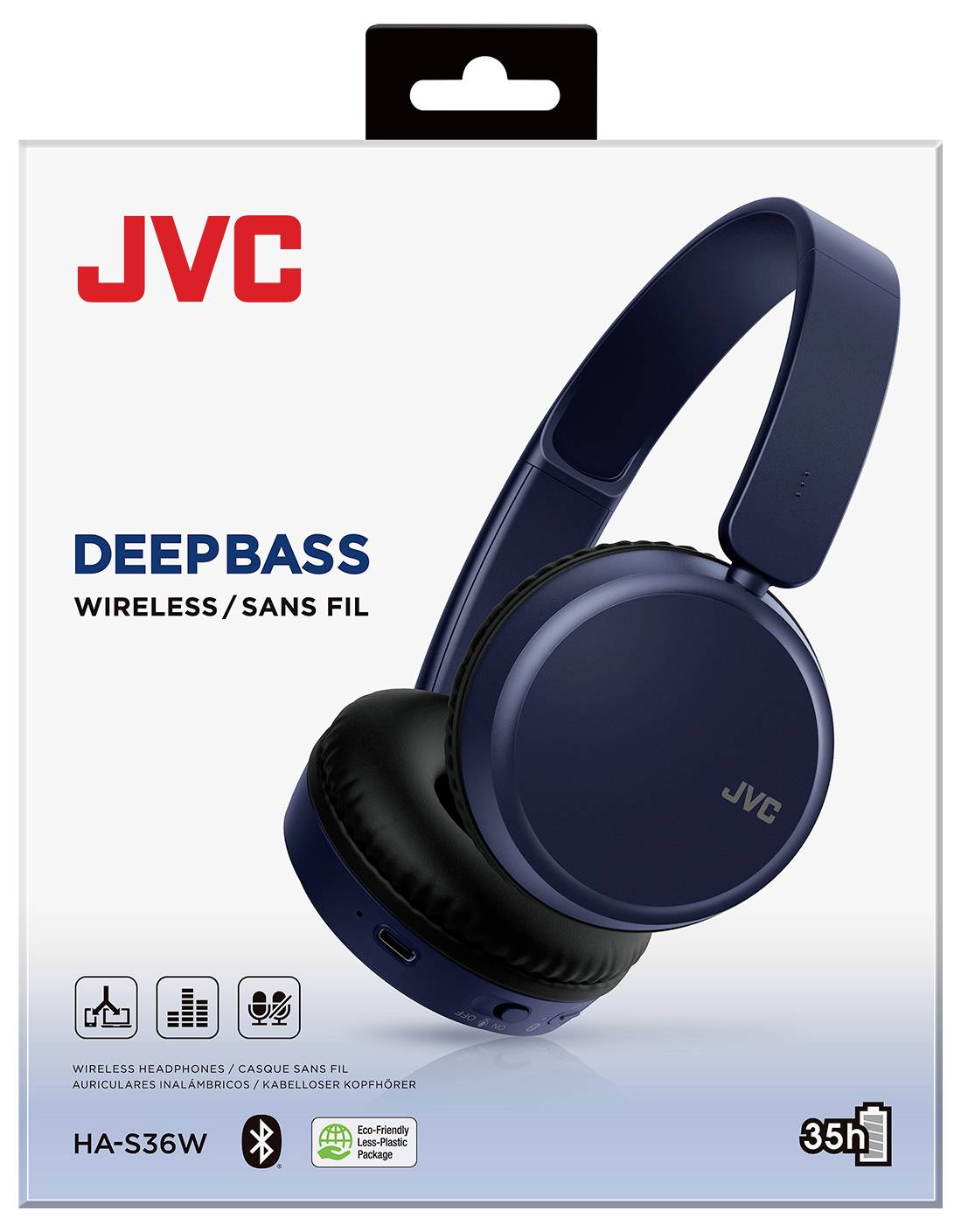 JVC-koptelefoon in blauw, model HA-S36W, met 'Deep Bass' en 'Wireless/Sans Fil', biedt een batterijduur van 35 uur.