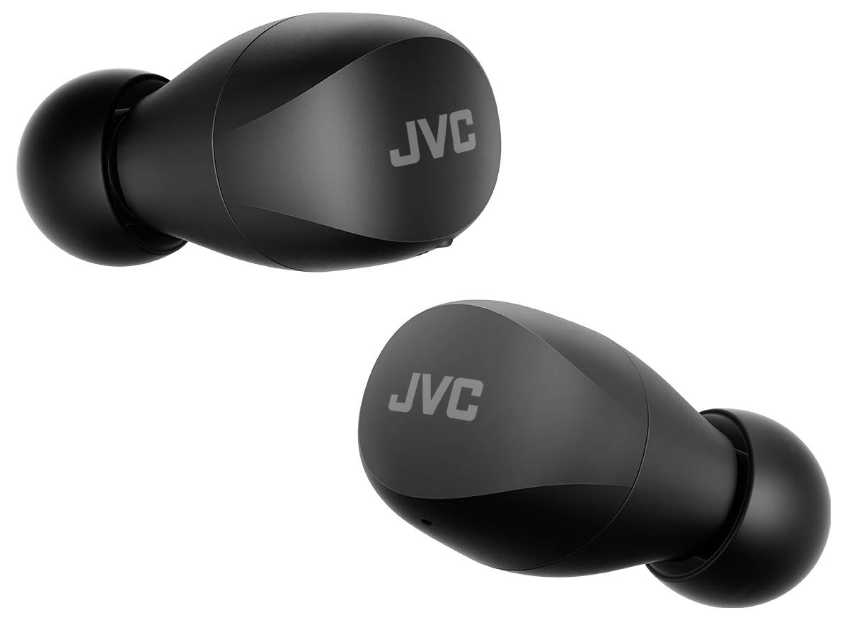 Twee zwarte JVC draadloze oordopjes op een witte achtergrond, met het JVC-logo, met een strak, compact ontwerp voor het luisteren naar audio.