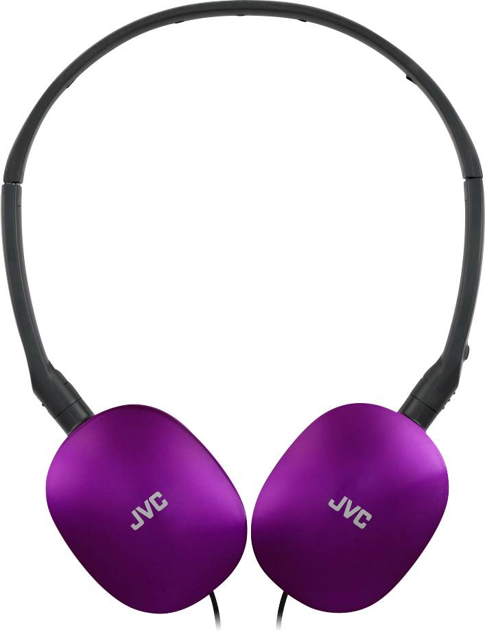Paarse JVC over-ear koptelefoon met zwarte hoofdband, waarbij het JVC-logo op elke oorschelp is aangebracht.