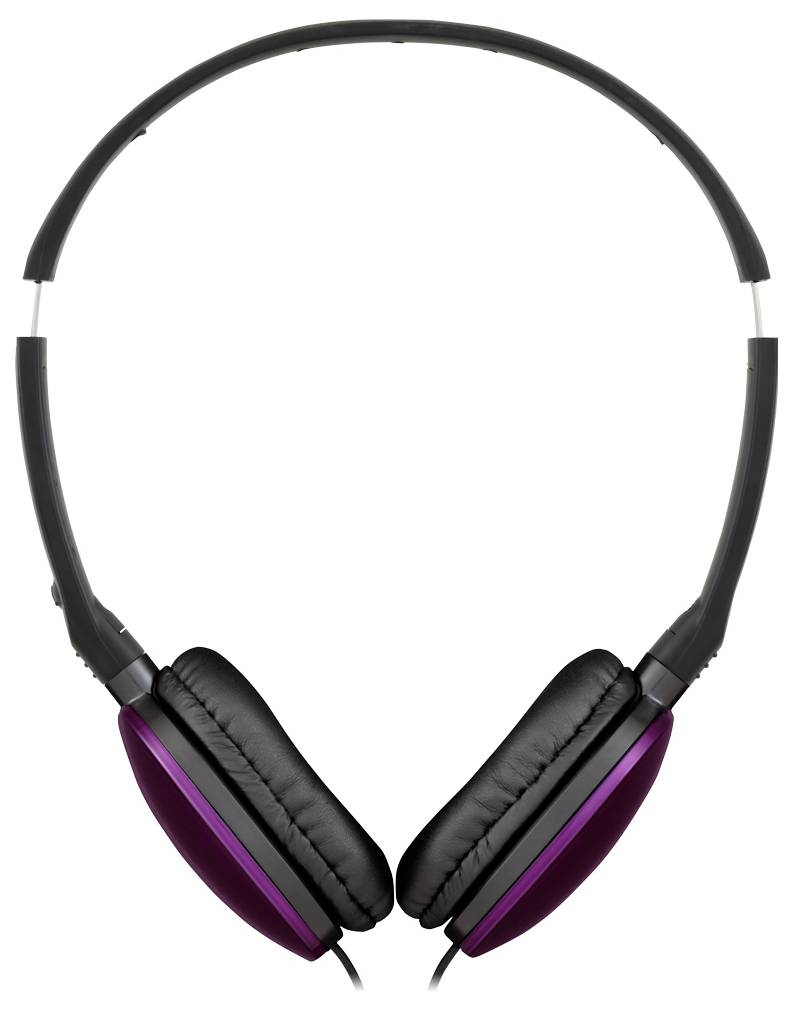Bovenaanzicht van zwarte en paarse bedrade koptelefoon met gedempt oorschelpen, ontworpen voor audioweergave.