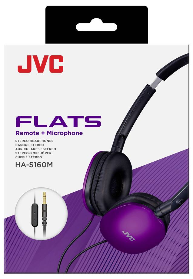 JVC Flats Hoofdtelefoon verpakking toont een paarse headset met afstandsbediening en microfoon. Model HA-S160M is gemarkeerd.