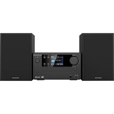 Kenwood audiosysteem met twee zwarte speakers en een centrale eenheid met een digitaal display dat DAB- en Bluetooth-connectiviteit weergeeft.