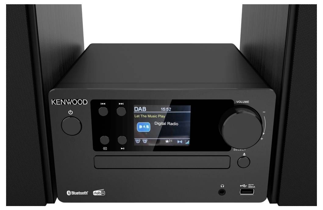 Kenwood digitaal radiosysteem met display-scherm dat 'DAB' toont, songtitel 'Let The Music Play', volumeknop, speakers aan de zijkanten.