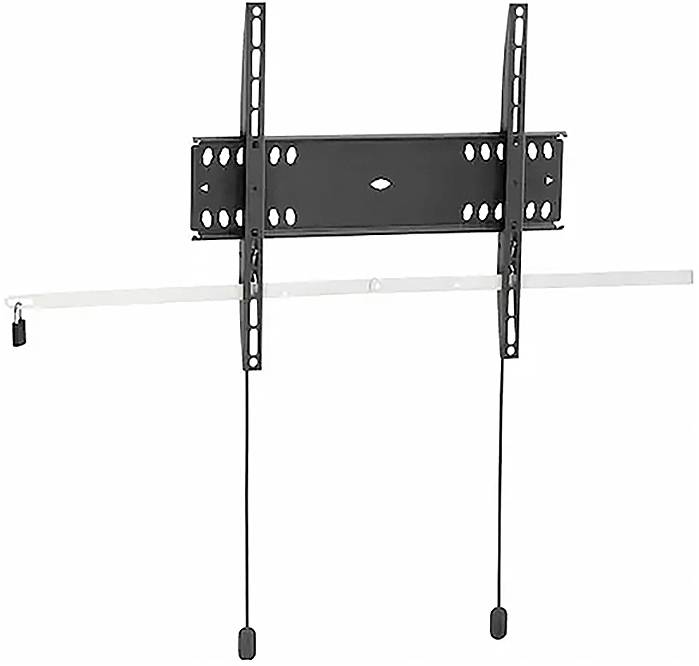 Muurbeugel voor televisies, voorzien van verstelbare verticale armen, meerdere gaten voor gevarieerde plaatsing en twee veiligheidstrekkoorden voor een veilige bevestiging.