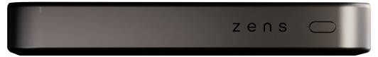 Een zwart apparaat met het woord 'zens' op de voorkant en een rechthoekige aan/uit-knop aan de rechterkant.