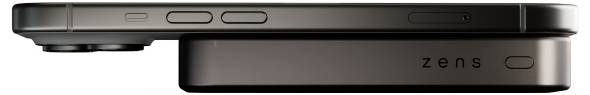 Een smartphone met een uitstekende cameralens wordt vanuit de zijkant gezien op een draadloze oplaadpad geplaatst met het label 'zens'.