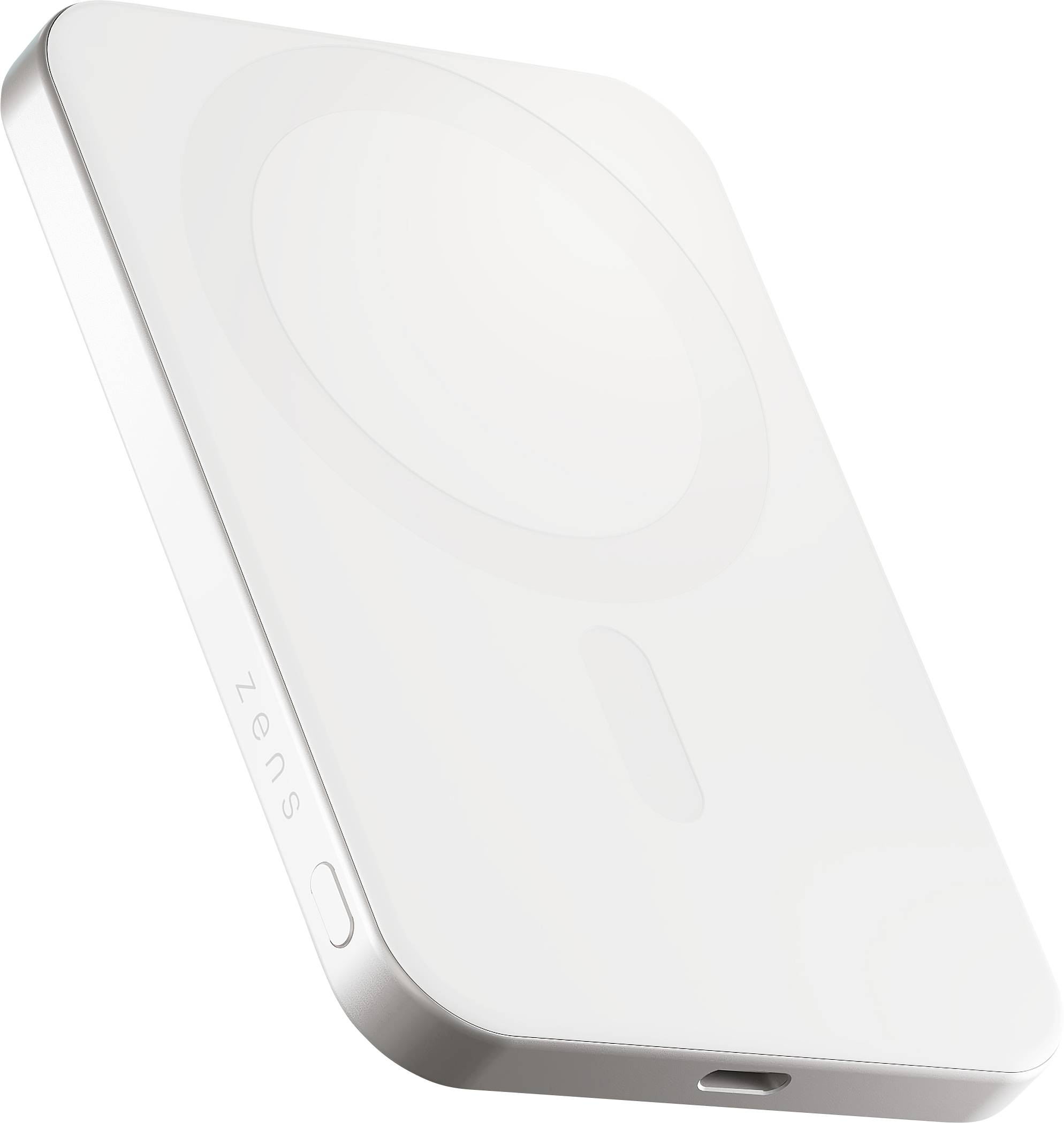 Een witte, strakke draadloze oplaadpad met een cirkelvormig oplaadoppervlak, met een minimalistisch design. Het woord 'Zens' is gegraveerd aan de zijkant.