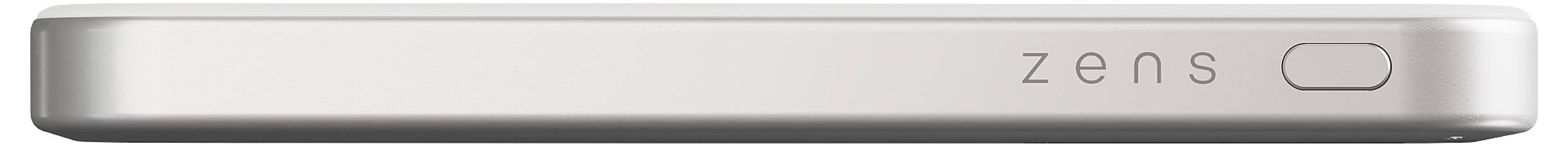 Een slanke, rechthoekige, metalen powerbank met de merknaam 'zens' in reliëf, voorzien van een ronde knop aan de rechterkant.