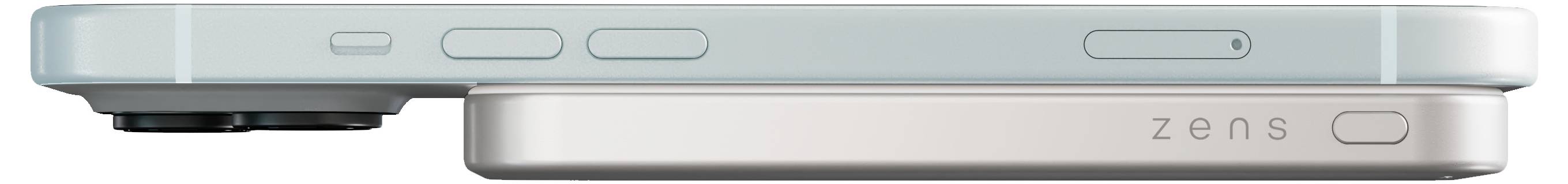 'Zijaanzicht van twee gestapelde smartphones; de bovenste telefoon is dunner met uitstekende cameralenzen, terwijl de onderste telefoon dikker is met 'zens' aan de zijkant.'