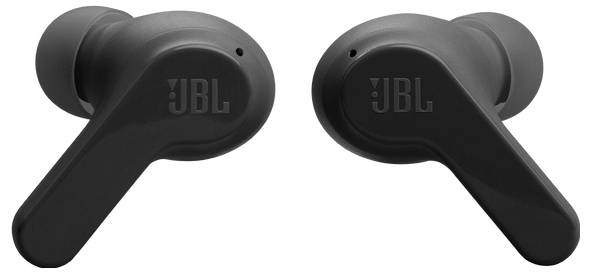 Twee zwarte JBL draadloze oordopjes met een strak design, waarbij elk exemplaar is voorzien van het JBL-logo.