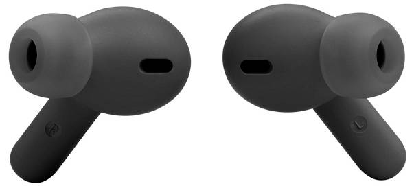 'Twee zwarte draadloze oordopjes die elkaar tegenover elkaar geplaatst zijn tegen een witte achtergrond.'