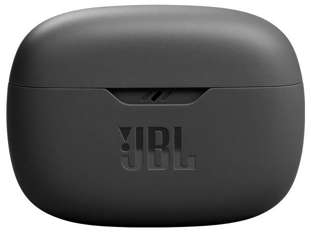 Zwarte JBL oordopjes-hoes met een scharnierende deksel, met het JBL-logo op de voorkant.