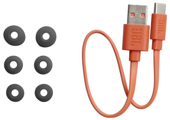 Een oranje USB-A naar USB-C oplaadkabel naast zes zwarte ronde kabelorganisatoren met kleeflaag.