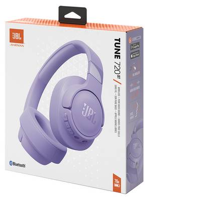 Doos van JBL Tune 720 BT draadloze koptelefoon in lavendel. 'Bluetooth' en 'JBL Pure Bass' zijn gemarkeerd op de verpakking.