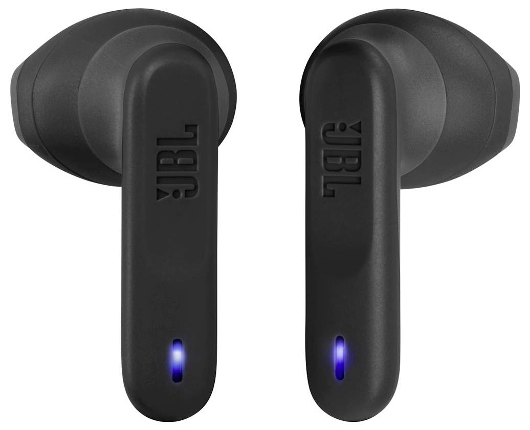 Twee zwarte draadloze oordopjes met 'JBL' merklogo en kleine blauwe LED-indicatoren onderaan.