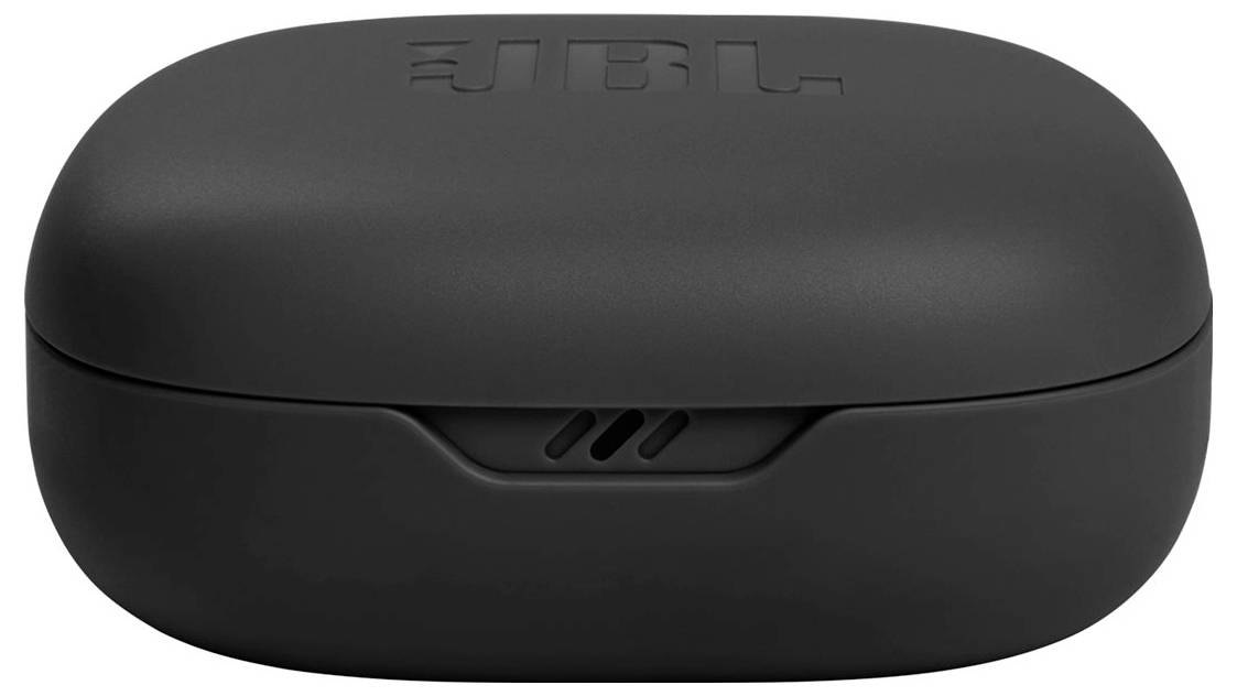Een zwarte JBL oordopjes oplaadcase met het JBL-logo bovenop, weergegeven gesloten vanuit vooraanzicht.