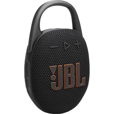Een zwarte draagbare speaker met een oranje 'JBL'-logo, een gestructureerde oppervlakte, en een lus-handgreep, voorzien van afspeelbesturingselementen aan de bovenkant.