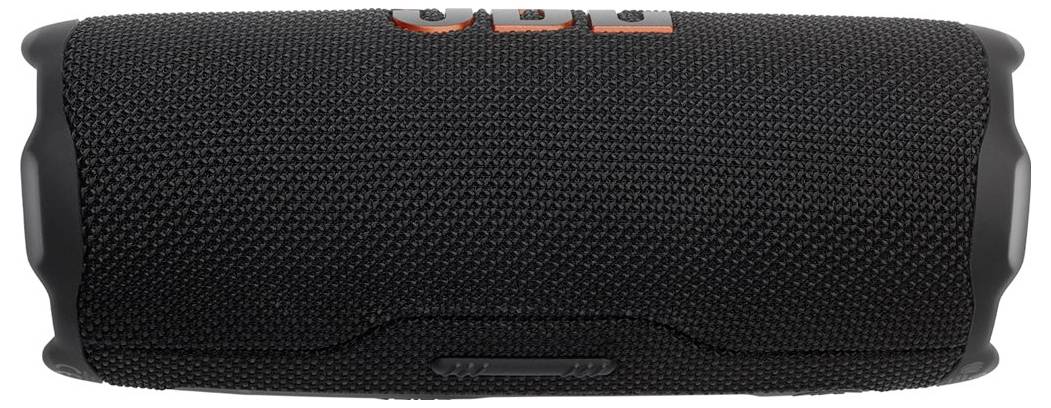 'Zwarte cilindrische Bluetooth-speaker met gestructureerd oppervlak en merklogo bovenop.'