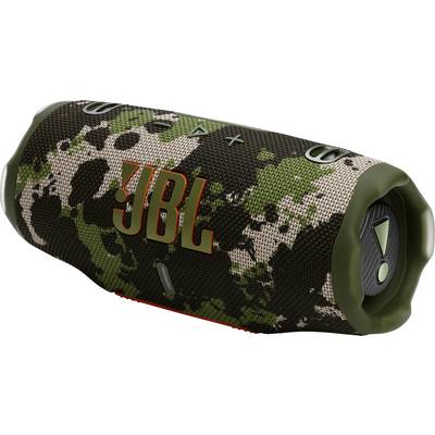 Een draagbare Bluetooth-speaker met een camouflageontwerp en 'JBL' logo, voorzien van bedieningsknoppen bovenop voor volume en afspeelbeheer.