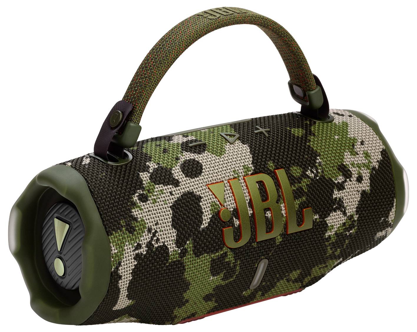 Draagbare draadloze speaker met een camouflageontwerp, voorzien van het merklogo, stevig weefsel en een draaggreep voor gemakkelijk transport.