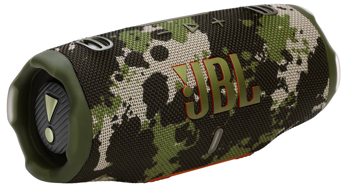 Draagbare speaker met een robuust, camouflageontwerp met het merkenlogo "JBL" in oranje.