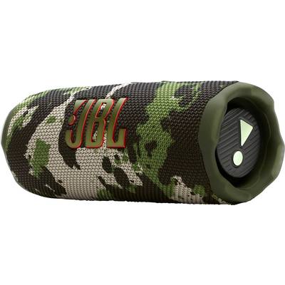 Draagbare Bluetooth-speaker met een camouflagepatroon en 'JBL' logo, voorzien van een robuust ontwerp en een bedieningsknop aan één uiteinde.