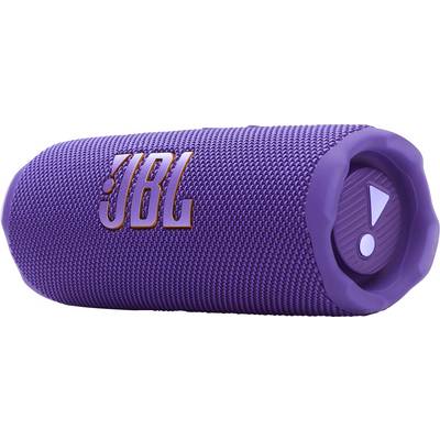 Een paarse draagbare speaker met een gestructureerde oppervlakte en het 'JBL' logo in oranje. De speaker heeft bedieningsknoppen aan de zijkant.