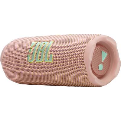 Een roze en oranje draagbare speaker met een stoffen behuizing, met het JBL-logo zichtbaar.
