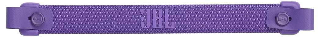 Een paarse speakerband met het 'JBL' logo geborduurd in het midden, voorzien van verstelbare clips aan beide uiteinden.