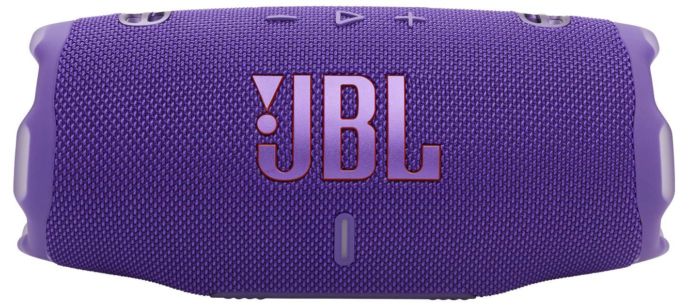 Een paarse draagbare Bluetooth-speaker met een stoffen textuur met het JBL-logo prominent aan de voorkant.