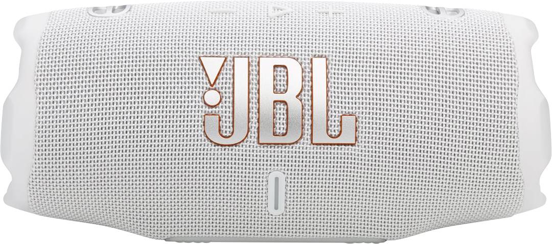 Een witte JBL draagbare Bluetooth-speaker met het JBL-logo prominent in oranje aan de voorkant.