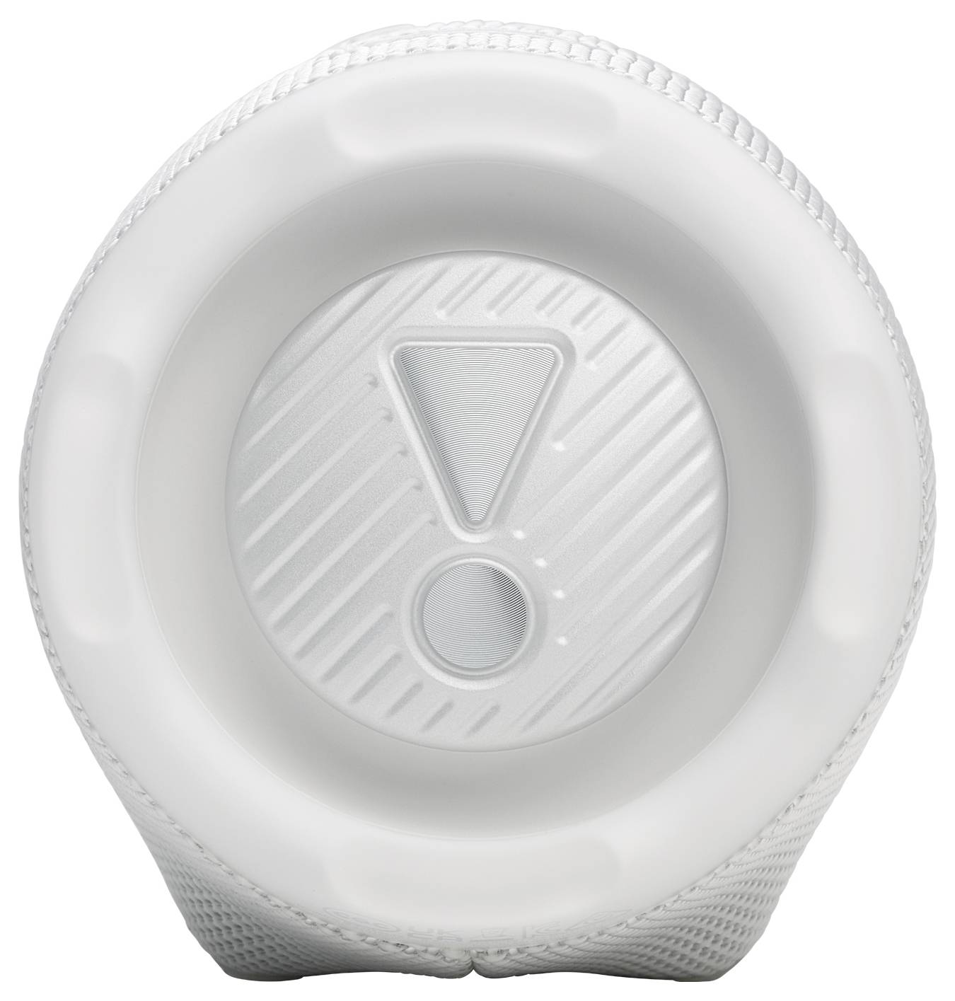 Een rond wit object met een groot uitroepteken-symbool geborduurd in het midden.