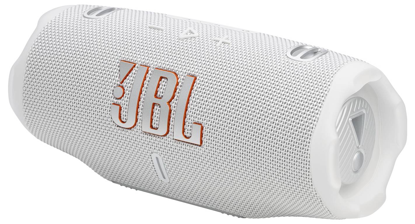 Een witte cilindrische Bluetooth-speaker met 'JBL' in oranje letters.