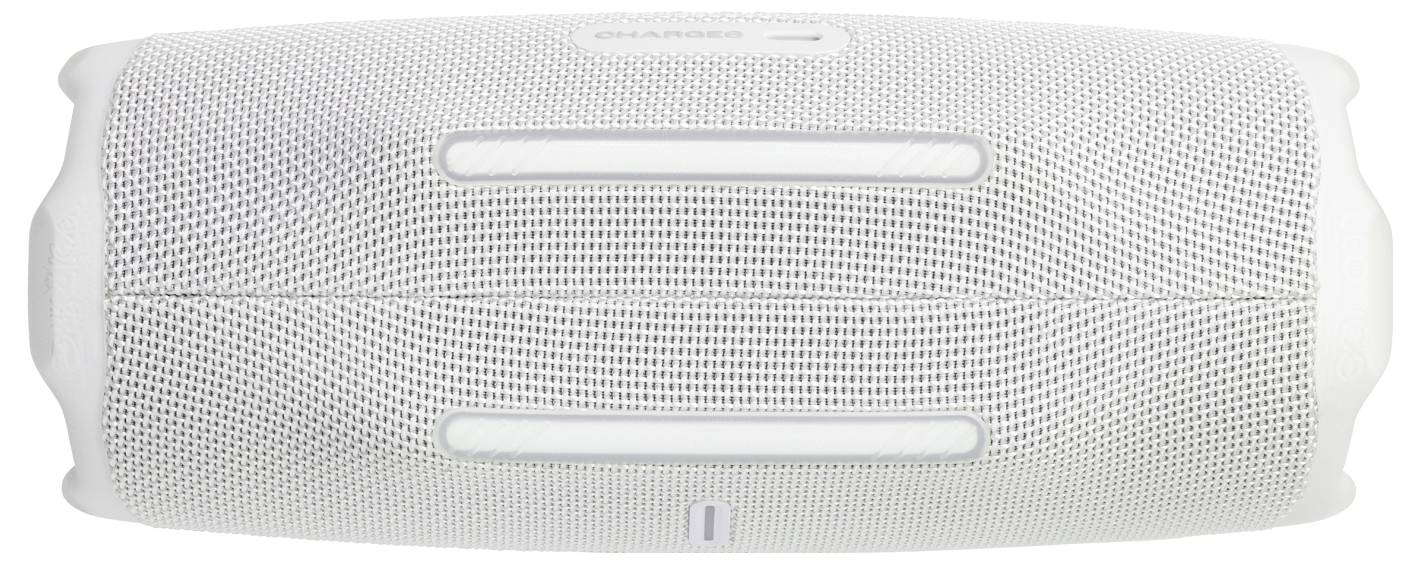 Een witte, cilindrische draagbare speaker met een gaasachtige buitenkant en twee horizontale richels aan de voorkant.