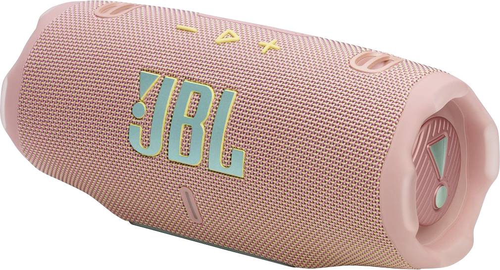 Een roze draagbare Bluetooth-speaker met een gestructureerde oppervlakte, waarbij het JBL-logo prominent aan de zijkant wordt weergegeven.