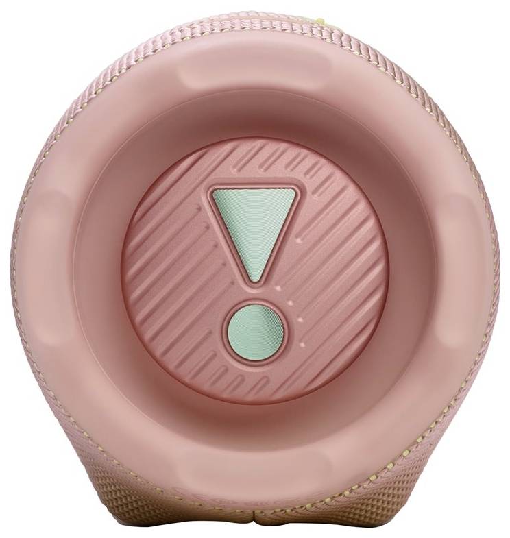 Roze vat-object met een centrale turquoise uitroepteken, gestructureerde achtergrond en afgeronde randen.