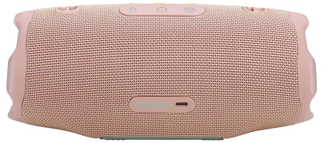 Een roze draagbare Bluetooth-speaker met bedieningsknoppen bovenop en een oplaadpoort aan de voorkant.