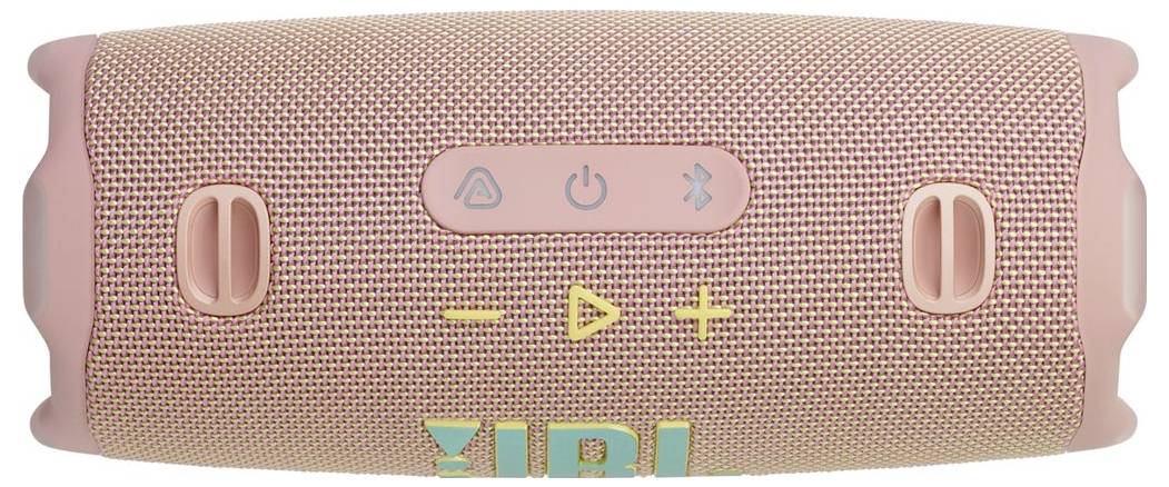 Een roze draagbare Bluetooth-speaker met bedieningsknoppen voor aan/uit, afspelen/pauzeren en volume. Het merklogo is gedeeltelijk zichtbaar.