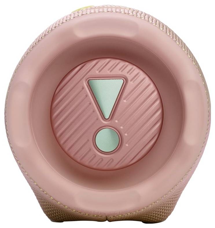 Roze cilindrische object met een uitroepteken in het midden, dat lijkt op een drukknop of indicator.