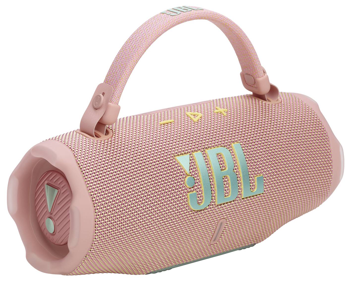 Een roze draagbare Bluetooth-luidspreker met een stoffen handgreep, voorzien van het JBL-logo en knoppen in teal en geel voor volume- en afspeelbediening.