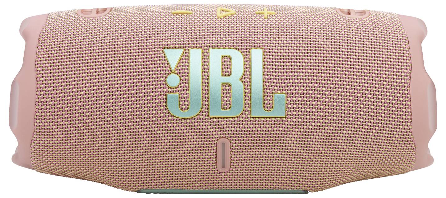 Een roze JBL Bluetooth-speaker met een geweven buitenkant en een prominente logo, voorzien van bedieningsknoppen bovenop voor volume en afspeelbeheer.