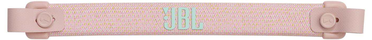 Een roze stoffen armband met een blauwe '38L' opdruk, voorzien van plastic verstelbare sluitingen aan beide uiteinden.