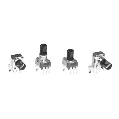 Vier types van rotary encoders worden getoond: elk met een zwarte knop, metalen behuizing en meerdere pinnen voor elektronische aansluitingen.