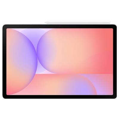Een tablet met een stylus, waarbij een kleurrijk verloop-scherm wordt weergegeven met overlappende roze en paarse bollen.
