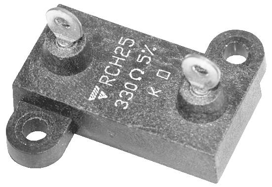 Een weerstand met twee bevestigingsgaten en elektrische aansluitingen is gelabeld als 'RCH25 330Ω 5%'. Hij is ontworpen voor elektronische circuit toepassingen.